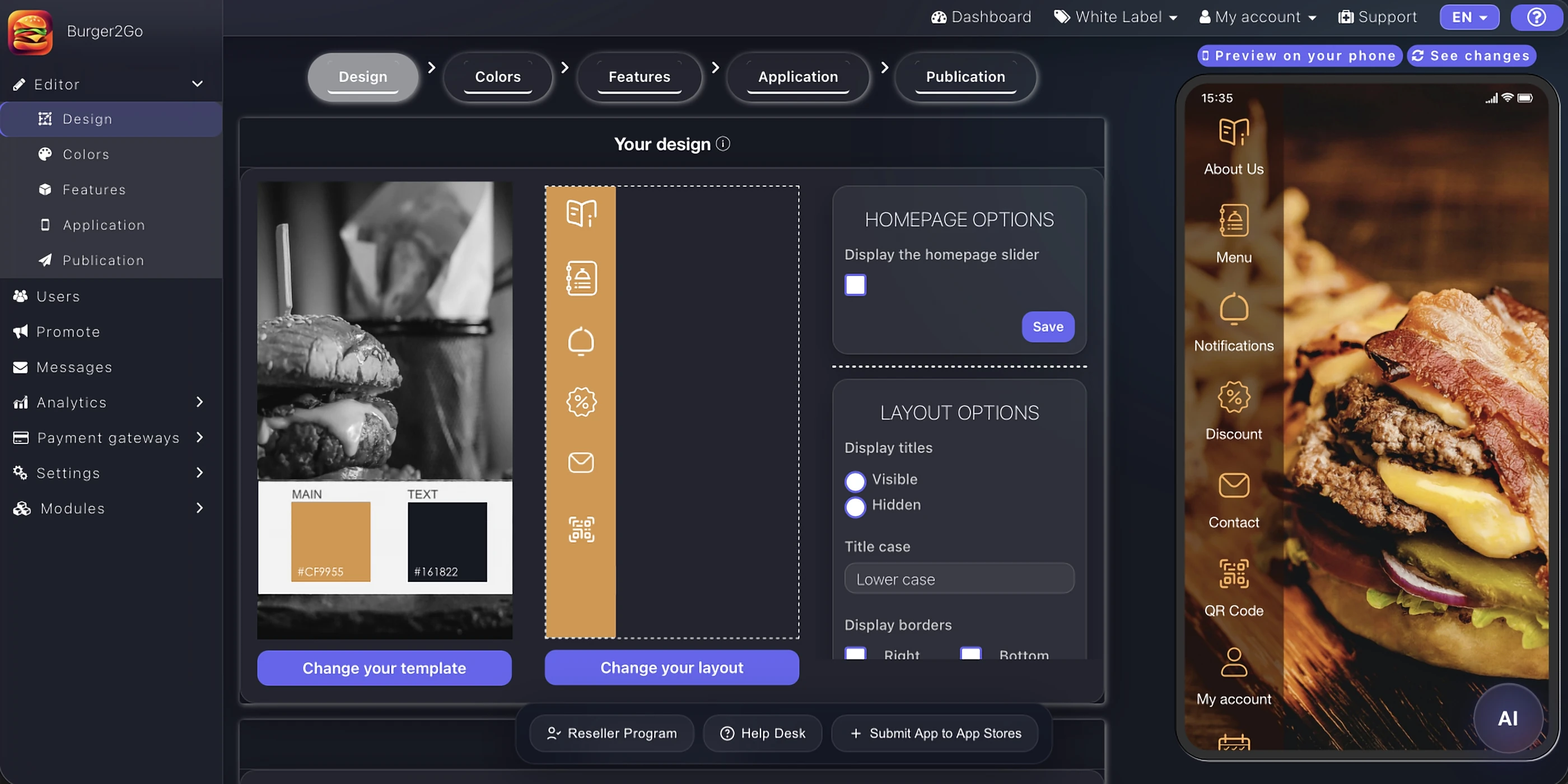 Appily ontwerpeditor met sjablonen, lay-outopties en live iPhone-app preview